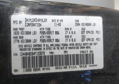 2004 Dodge Durango Slt из США, поврежденный, VIN 1D4HB48D94F123572